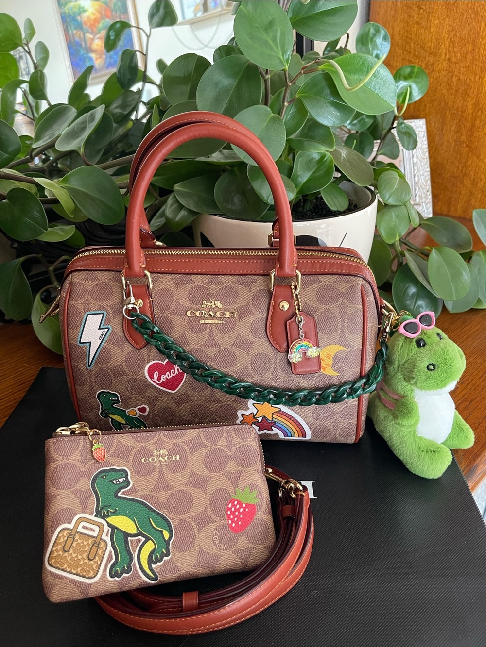 NWOT Coach Rowan Satchel in Sticker Print with Matching Wristlet & Plush Dino